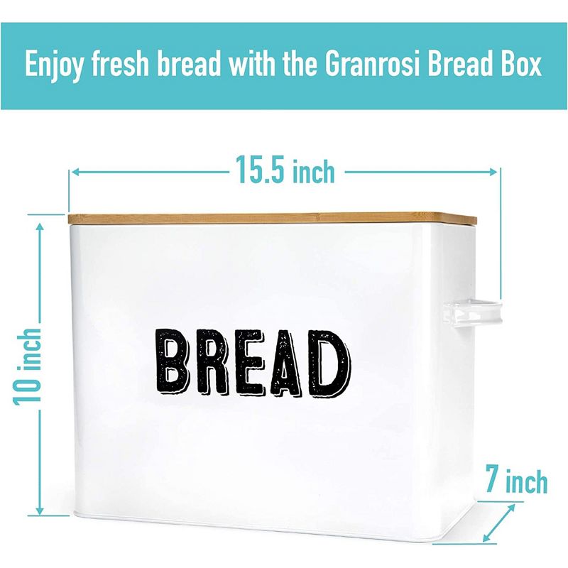 Granrosi 10" Tall Vintage-Inspired Farmhouse Metal Bread Keeper Box Storage Container with Bamboo Wooden Lid and 2 Handles, White, 2 of 9