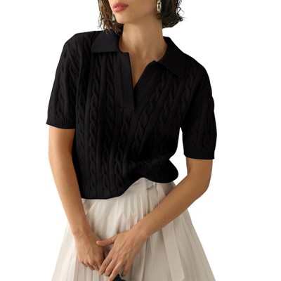 Womens Short Sleeve Sweater Tops Polo Collar Sweater Knitted Tops Cable Knit Sweater