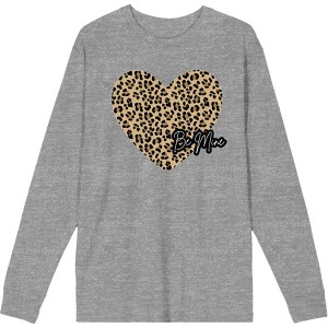 V Day Cheetah Heart Be Mine Crew Neck Long Sleeve Heather Gray Adult Tee - 1 of 2