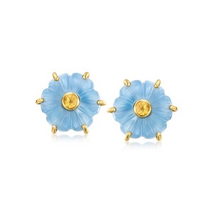 Ross-Simons Carved Blue Chalcedony and .20 ct. t.w. Citrine Flower Earrings in 18kt Gold Over Sterling - 1 of 3