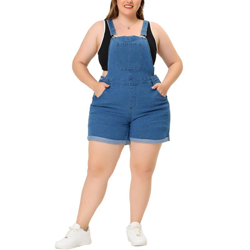 Agnes Orinda Women's Plus Size Adjustable Strap Pocket Roll Hem Denim Overall Jean Shorts, 2 of 6