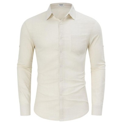 Mens Button Down Linen Shirts Casual Long Sleeve Dress Shirts Regular Fit Cotton Beach Yoga Shirts with Pocket
