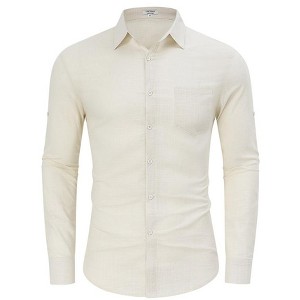 Mens Button Down Linen Shirts Casual Long Sleeve Dress Shirts Regular Fit Cotton Beach Yoga Shirts with Pocket - 1 of 4