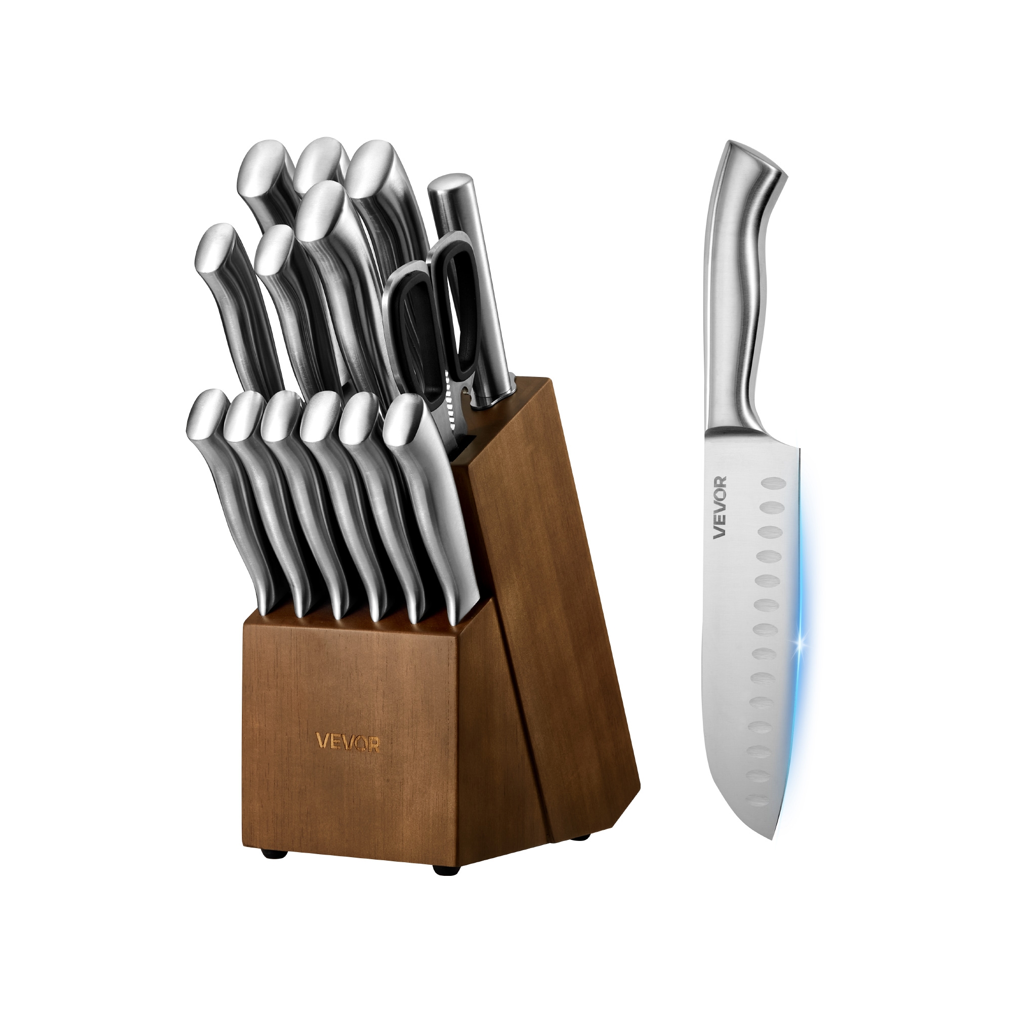 VEVOR Kitchen Knife Set with Block and Sharpener, 15 Piece German High Carbon Stainless Steel Sharp Knife Set, with Ergonomic Handle, Silver