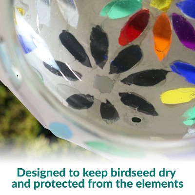 6-Inch Round Glass Mosaic Hanging Bird Feeder with Rainbow Daisies