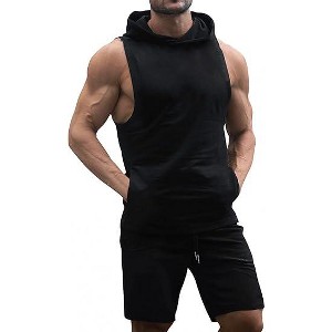Men's Tracksuit 2 Piece Sleeveless Hooded Workout Tank Top and Shorts Casual Athletic Sports Hoodie Shorts Set - 1 of 4