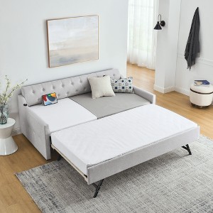 Twin Size Upholstered Daybed with Twin Size Erectable Trundle and USB Charging Design for Bedroom or Guest Room - 1 of 4
