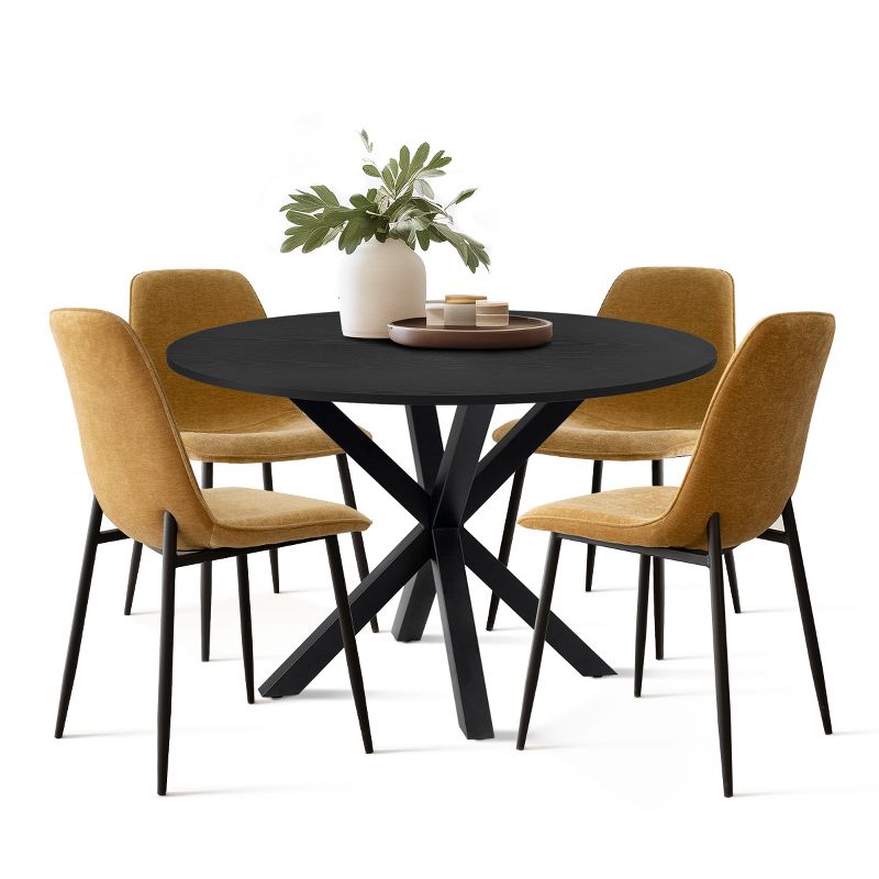 Olive+Oslo Black Dining Table Set For 4,Solid Round Black Grain Dining Table Sets with 4 Upholstered Dining Chairs Black Legs-The Pop Maison, 2 of 9