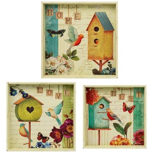 Northlight Set of 3 Birdhouse Garden Theme Square Wooden Serving Trays 16" - Green/Blue - 1 of 4