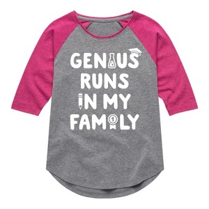Girls' - Instant Message - Genius Runs In My Family Shirt Tail Raglan Graphic T-shirt - 1 of 4