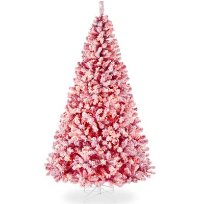 Best Choice Products Pre-Lit Red Christmas Pine Tree w/ Flocked Branches, Warm-White Lights