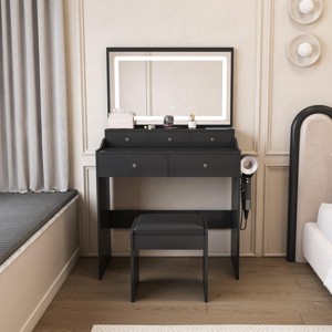 INFURNIC Vanity Tables Large Mirror Makeup Desk with Adjustable Lighting and Hair Dryer Holder 5 Drawers for Bedroom, Black, 31.5"*15.75"*53.15" - 1 of 4