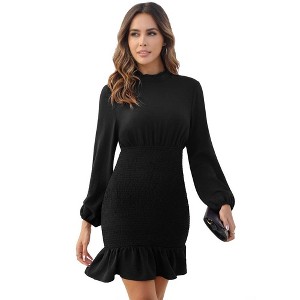 Women's Ruffle Mock Neck Long Sleeve Mini Dress Casual Smocked High Waist Ruffle Hem Bodycon Short Dresses - 1 of 4