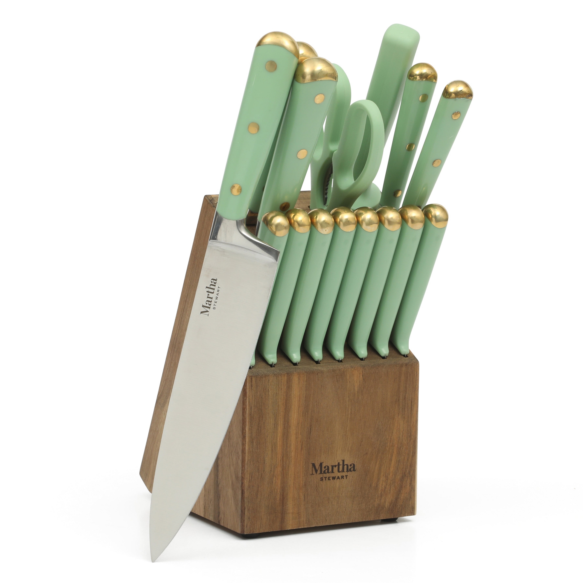 Martha Stewart 16 Piece Lockton High Carbon Stainless Steel Cutlery w/ Acacia Wood Block - Sage