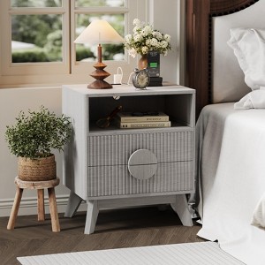 Fluted Nightstand, Tall Wood Bedside Table with Charging Station — USB Ports & Outlets, 2 Drawers & Open Shelf, Modern End Table for Bedroom - 1 of 4