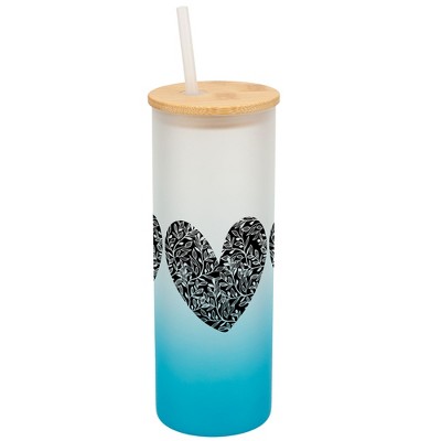 Elanze Designs Trio Floral Flower Love Heart Wrap-Around Design 25 Ounce Frosted Gradient Glass On-The-Go Coffee Travel Skinny Tumbler Mug Cup, Bamboo