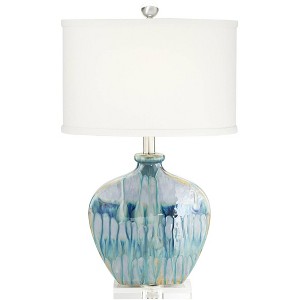Possini Euro Design Mia Modern Coastal Table Lamp 25" High Blue Glazed Drip Ceramic with Table Top Dimmer Off White Fabric Oval Drum Shade for Bedroom - 1 of 4