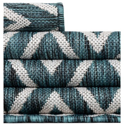 Teal and Ivory Geometric Outdoor Rectangular Area Rug 5' x 7'