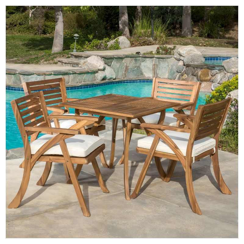 Hermosa 5pc Acacia Wood Patio Dining Set with Cushions - Teak Finish - Christopher Knight Home, 4 of 6