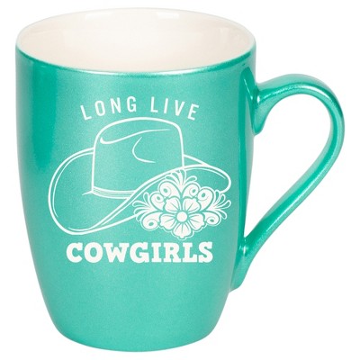 100 North Floral Western Hat 10 Ounce Seafoam Metallic Finish, Comfortably Fits Your Hands, New Bone China Coffee Tea Cup Mug, Long Live Cowgirls