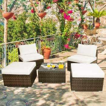 Tangkula 5-Piece Outdoor Rattan Wicker Sofa Set Lounge Chair with White Cushions