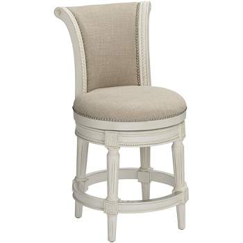 55 Downing Street Oliver Wood Swivel Bar Stool White 24 1/2" High Traditional Scroll Cream Round Cushion with Backrest Footrest for Kitchen Counter