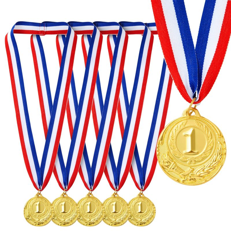 Juvale 6-Pack Gold 1st Place Winner Medals, Sports Awards with 15.5-Inch Red, White, and Blue Ribbon (Metal, 2 in), 1 of 8