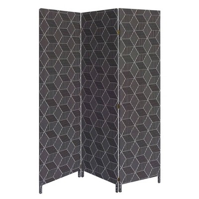 71" 3 Panel Fabric Room Divider with Geometric Print Black - Benzara