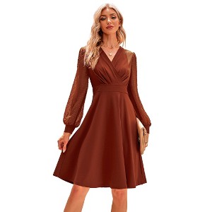 Womens V Neck Faux Wrap Midi Dress Empire Waist Lantern Sleeve Dress Swiss Dot Sleeve Dress - 1 of 4