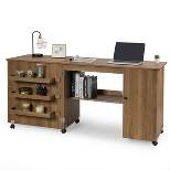 Costway Folding Sewing Table Shelves Storage Cabinet Craft Cart W/Wheels Large Natural
