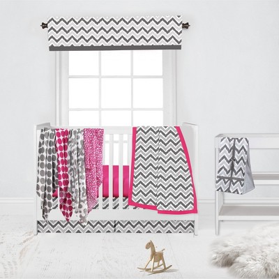 Bacati - Ikat Dots Leopard  Pink Grey Girls 10 pc Crib Set with 2 Crib Fitted Sheets 4 Muslin Swaddling Blankets