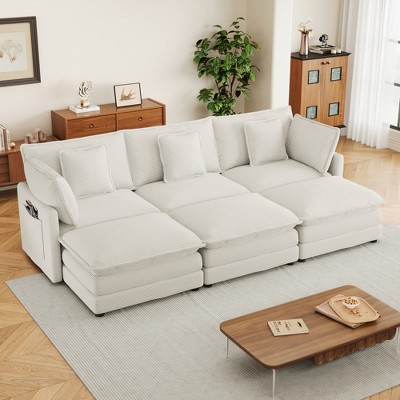 112.6" Modern Corduroy Sectional Sofa with 3 Ottomans & Storage Pockets - Modular U-Shaped Couch for Living Room