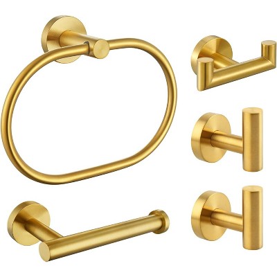 Mixxidea Round Towel Hooks 2 PCS, Toilet Paper Holder, Oval Towel Ring Bundle with Double Towel Hook (Brushed Gold)