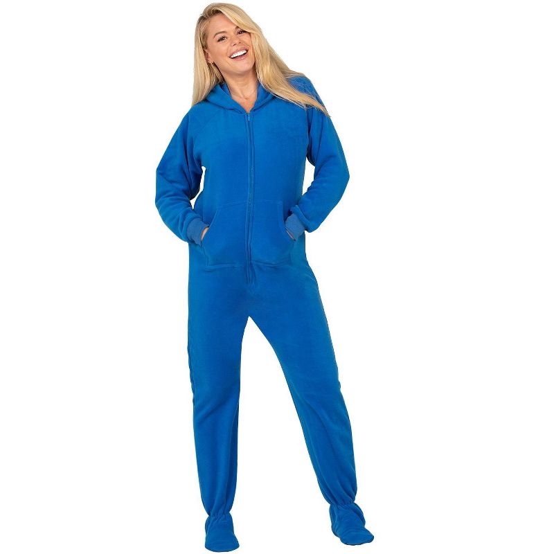 Footed Pajamas - Brilliant Blue Adult Hoodie Fleece Onesie, 3 of 5