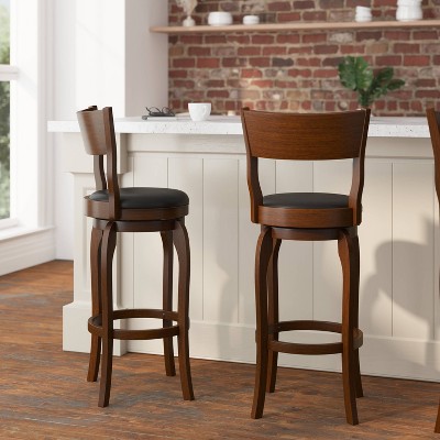 Enola Antique Oak Swivel Bar Stool with Black Faux Leather Seat