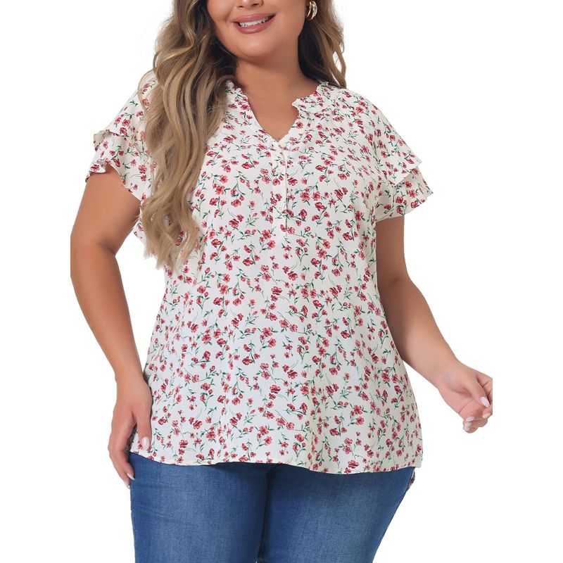 Agnes Orinda Women's Plus Size Floral Ruffle Trim V Neck Button Layered Sleeve Blouses, 1 of 8