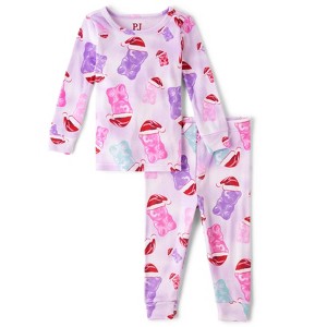 The Children's Place Toddler Girls Long Sleeve Santa Candy Bear Velour Pajamas - 1 of 4