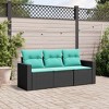 vidaXL Patio Sofa Set with Cushions - 3 Piece Black/Blue Poly Rattan Outdoor Furniture for Terrace, Garden, or Deck - Modular Design - 2 of 4