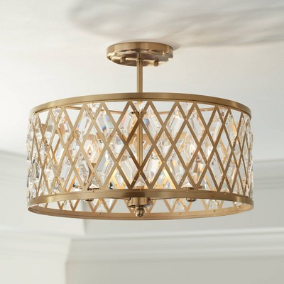 Satin Brass and Crystal Drum Semi-Flush Mount Ceiling Light