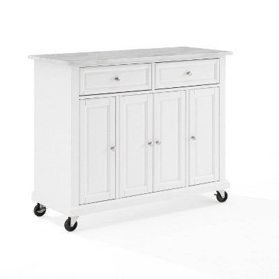 Avery Distressed White Kitchen Island Cart with Faux Marble Top
