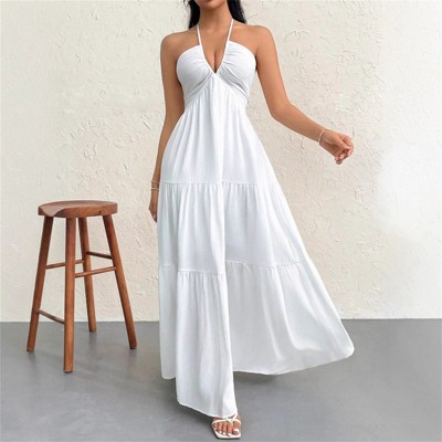 Clotth Women's Romantic Floral Printed Beach Vacation Halter V-Neck Pleated Backless A-Line Dress For Summer Hawaii,Summer Dresses, White-XS