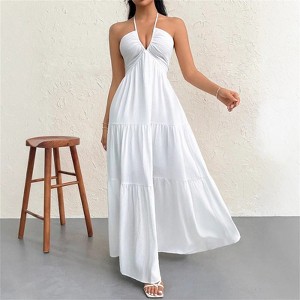 Clotth Women's Romantic Floral Printed Beach Vacation Halter V-Neck Pleated Backless A-Line Dress For Summer Hawaii,Summer Dresses, White-XS - 1 of 4