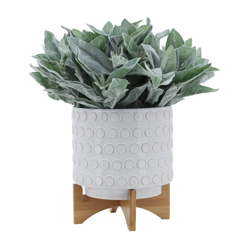 Sagebrook Home 5" Wide Circle Pattern Round Ceramic Planter Pot with Wood Stand, 4 of 9
