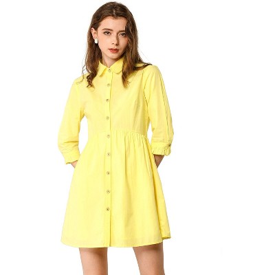 Allegra K Women's 3/4 Sleeve Button Front Flare Mini Shirt Dress Lemon ...