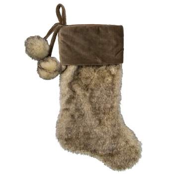Northlight 20.5" Brown Plush Christmas Stocking with Corduroy Cuff and Pom Poms