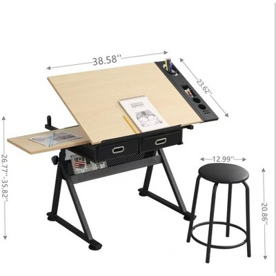 KTMBDW Height Adjustable Drafting Table, Drawing Table, Tilting Tabletop Art Craft Desk w/2 Storage Drawers and Stool for Home Office