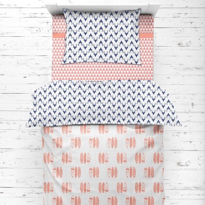 Bacati - Olivia Coral/Navy Buck/Feathers/Triangles Muslin 4 pc Toddler Bedding Set