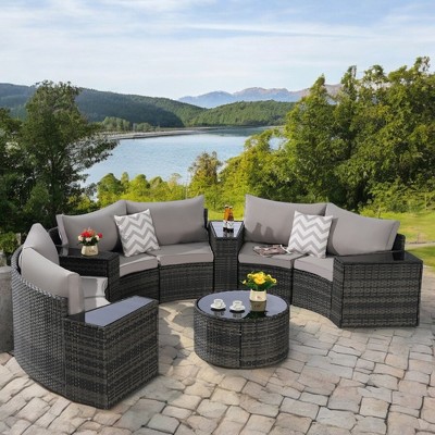 Mshliw 11-Piece Half-Moon Sectional Patio Furniture Set with Cushions & Glass Coffee Table – Modular Outdoor Sofa Set for Garden, Poolside, Backyard