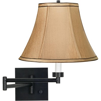 Franklin Iron Works Modern Swing Arm Wall Lamp Black Plug-In Light Fixture Tan Fabric Bell Shade for Bedroom Bedside Living Room