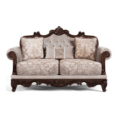 Light Brown Floral Fabric Camelback Loveseat with Nailhead Trim